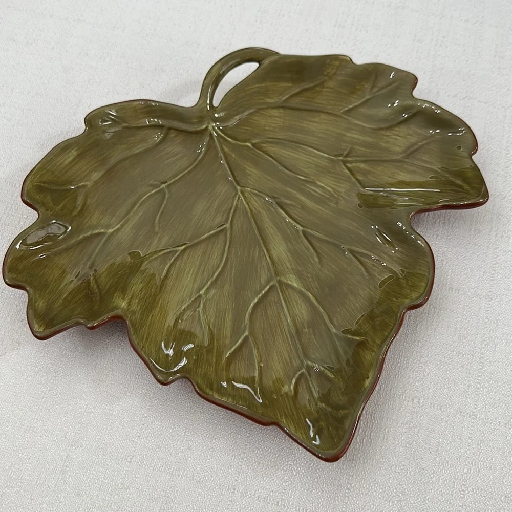 Autumn Harvest Hand Painted Green Leaf Plate & Bowl Dish Set